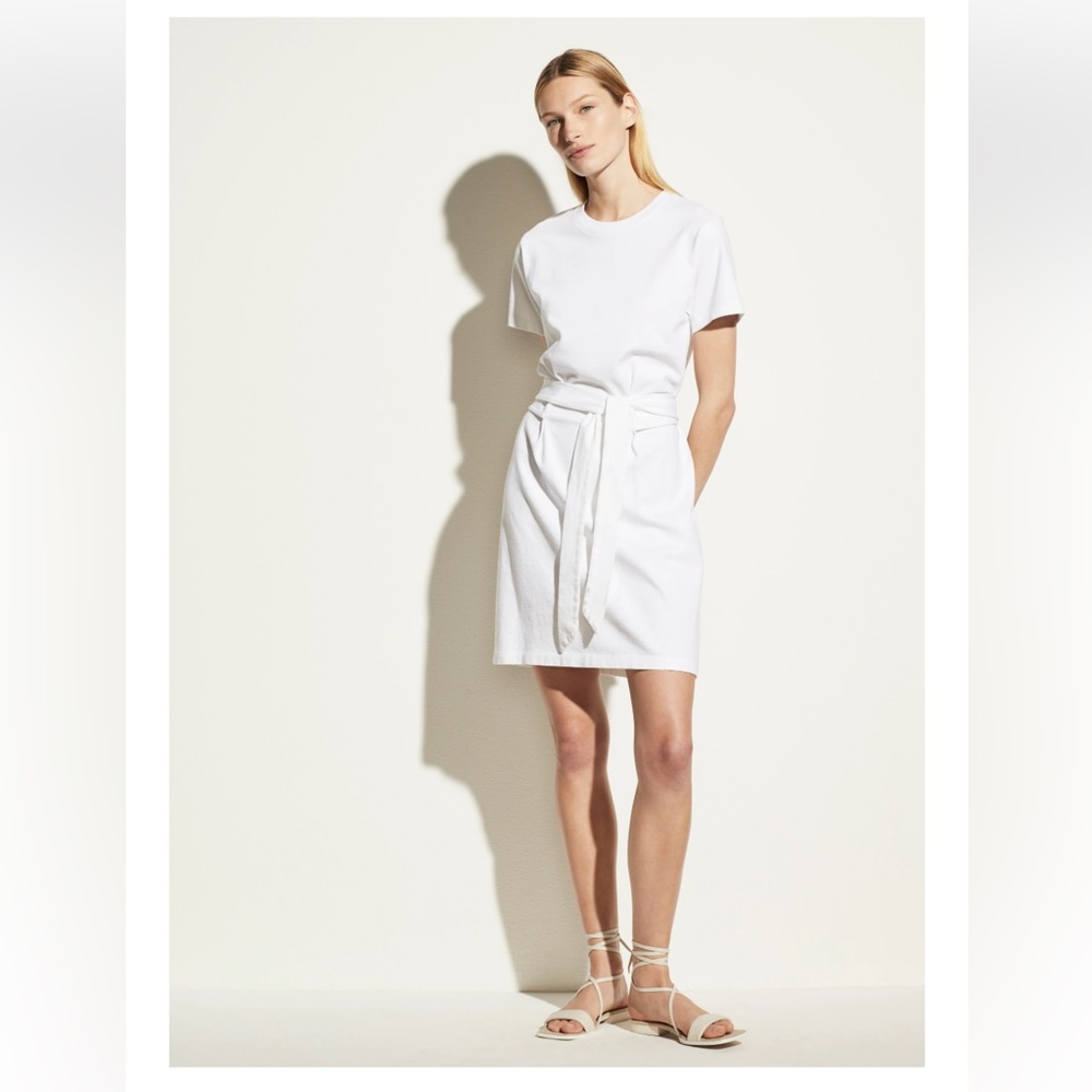 Vince Short Sleeve Tie Waist Dress in Optic White Classic Neutral Old Money